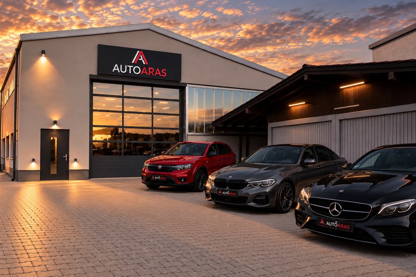 Außenansicht von Auto Aras bei Sonnenuntergang, drei Fahrzeuge auf dem Hof